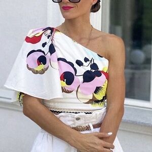 ZARA Blogger Favorite Asymmetrical One Shoulder Floral Crop Top size Small